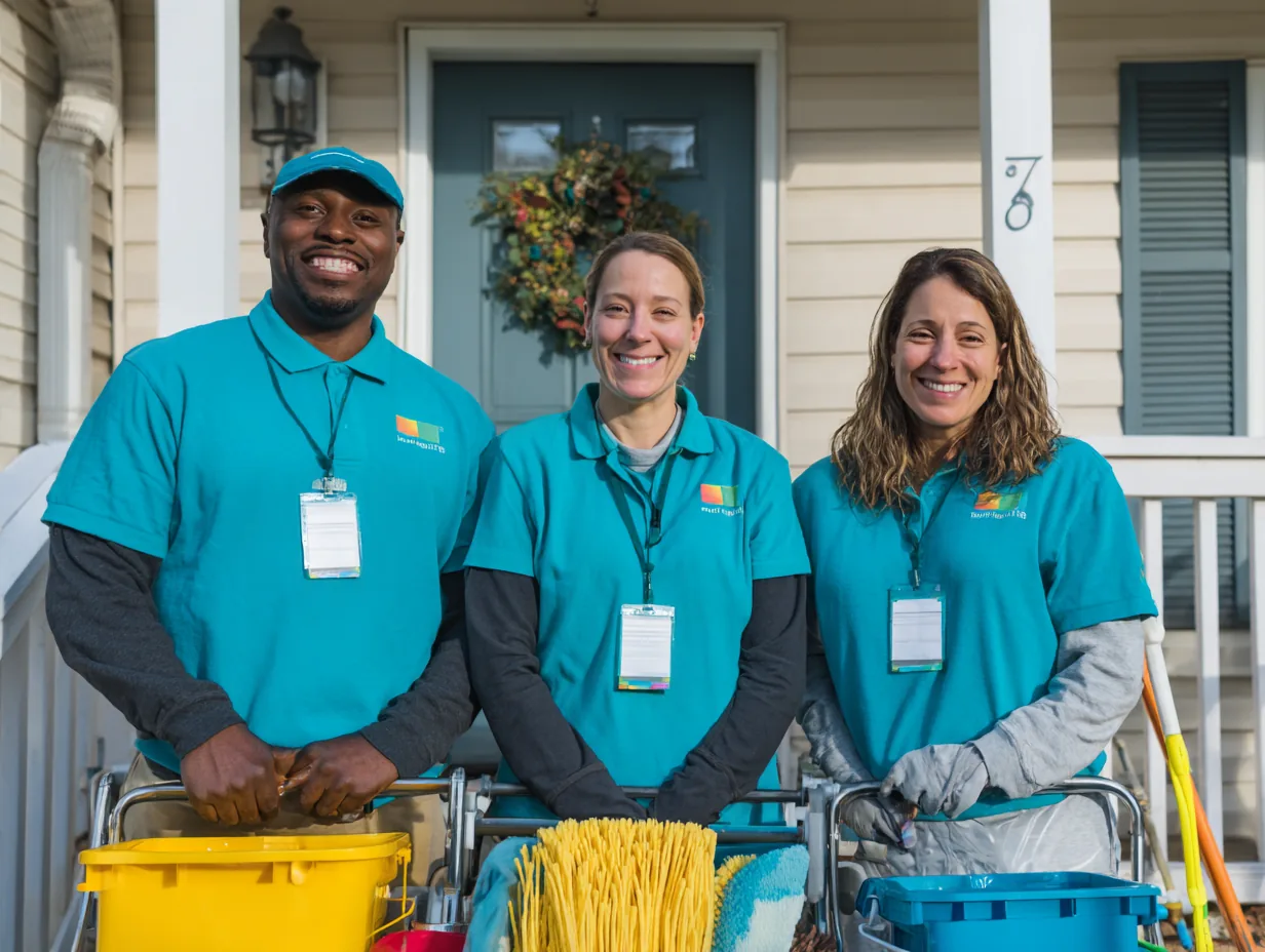 Brightside Home Cleaning team with cleaning carts on a client porch in Montclair, NJ