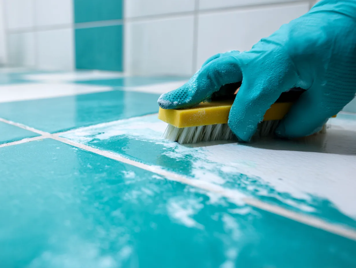 Scrubbing tile grout during a deep cleaning