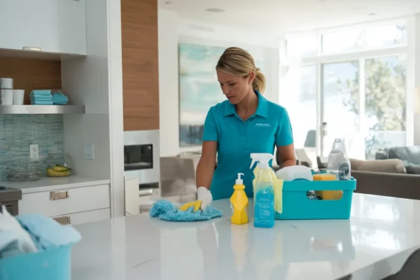Brightside cleaner wiping down a white kitchen island in a Montclair, NJ home