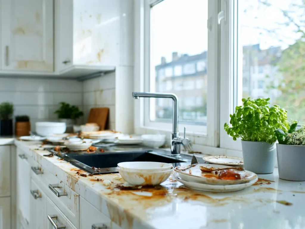 Kitchen counters and cooktop before cleaning