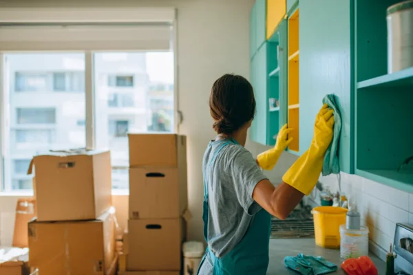 Cleaner wiping kitchen cabinets during a move-out cleaning