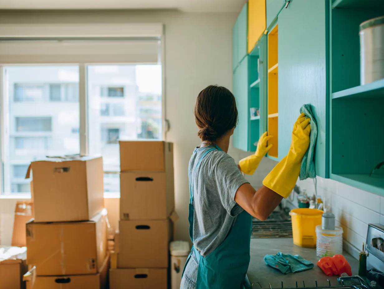 Cleaner wiping kitchen cabinets during a move-out cleaning