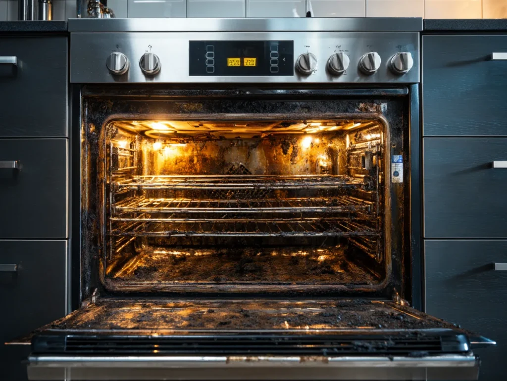 Greasy oven interior before cleaning