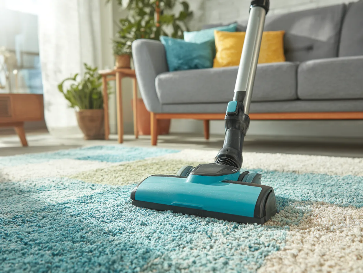 Vacuuming a light area rug during a recurring house cleaning