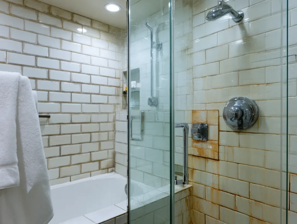 Shower glass and tile with soap scum before cleaning